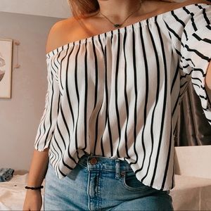 Black and white striped off the shoulder top